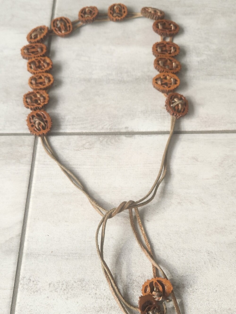 Vintage 70s Black Walnut Shell Slices Tie Belt, Leather Suede Strap Boho Folk